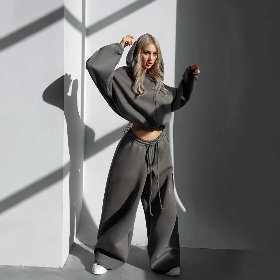 Damen modischer cropped Kapuzenpullover und entspannte Hose Set Drune