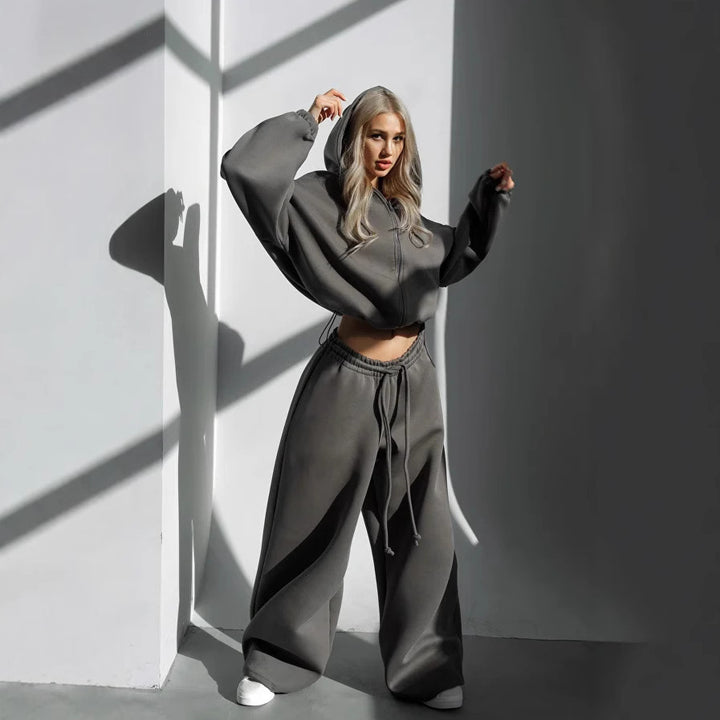 Damen modischer cropped Kapuzenpullover und entspannte Hose Set Drune