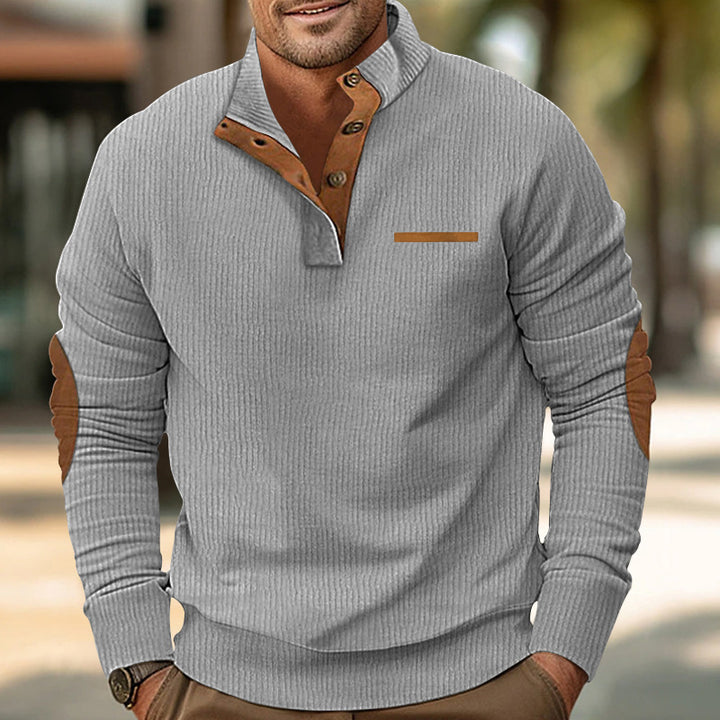 Herren nan strukturiertes Halbknopf-Stehkragen-Pullover mit Wildleder-Ellbogenpatches Drune
