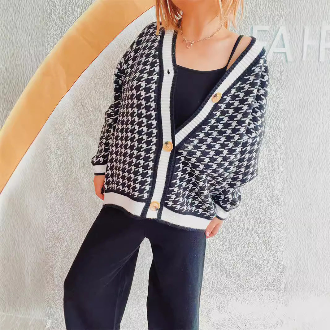 Damen oversized Strickjacke im klassischen Hahnentrittmuster Drune