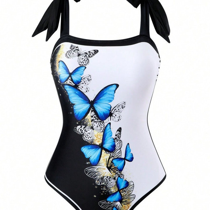 Damen Einteiler Badeanzug mit schickem Wickelrock und Butterfly-Motiv Drune