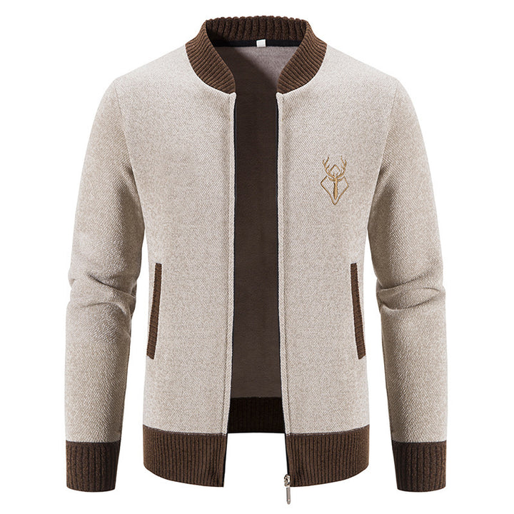 Herren nan lässiger Zip-Strickblouson mit weichem Thermofutter, geripptem Stehkragen und Hirsch-Logo Drune