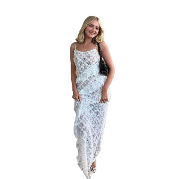Damen Elegantes Spitzen-Maxikleid mit asymmetrischen Drapierungen Drune