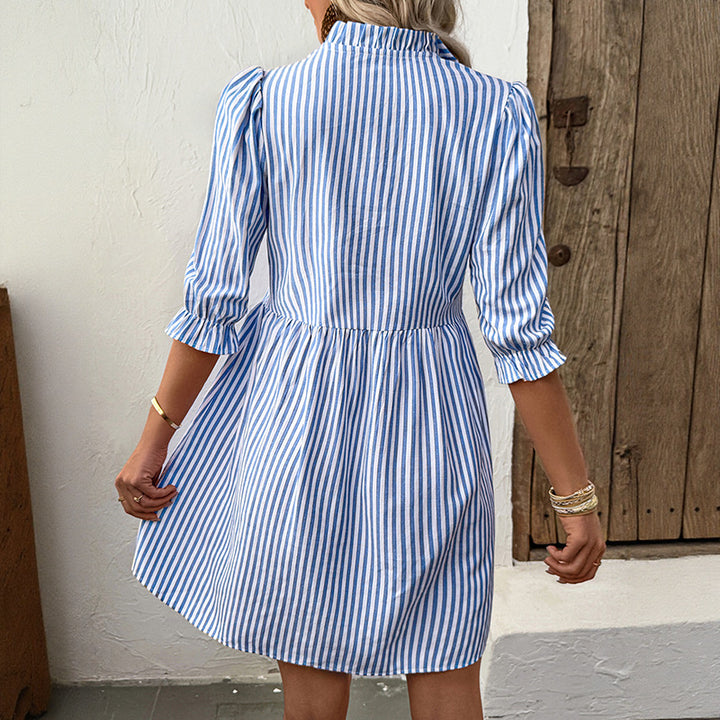 Damen Baumwollkleid mit Rüschendetails und gestreiftem Design Drune