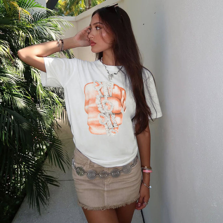 Damen lässiges T-Shirt mit glänzendem Kreuzdesign und großzügigem Ausschnitt Drune