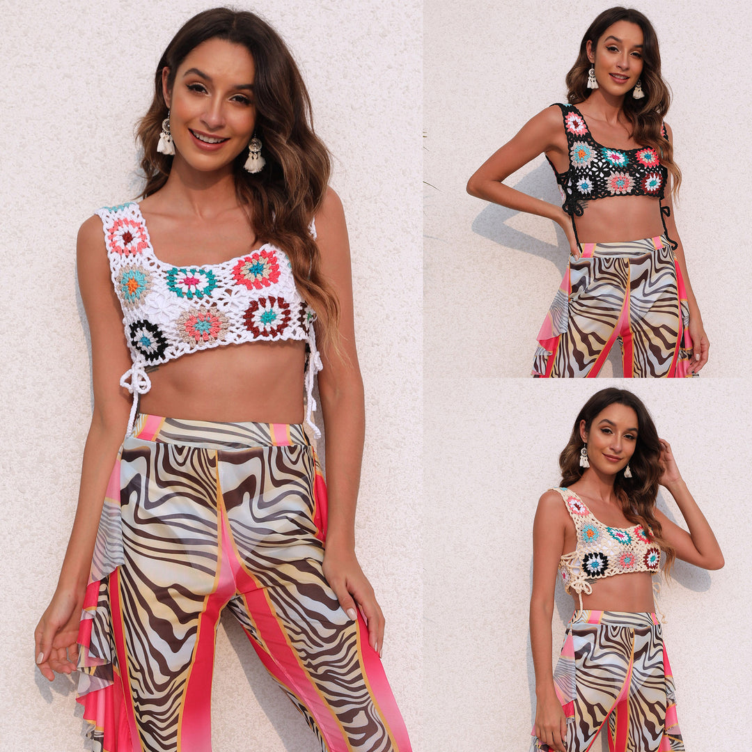 Damen gehäkeltes Crop-Top mit bunten Blumenmotiven Drune