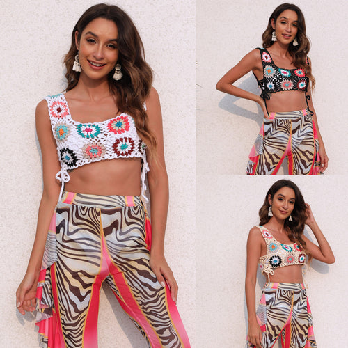 Damen gehäkeltes Crop-Top mit bunten Blumenmotiven Drune