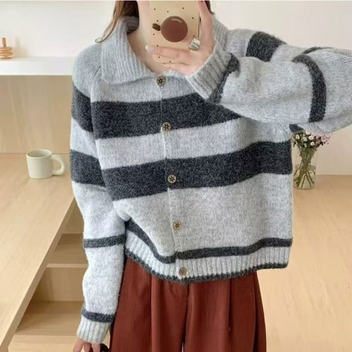 Damen Strickjacke mit dekorativem Kragen und modischen Streifen Drune