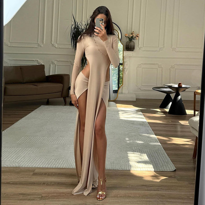 Damen Elegantes Maxikleid mit raffinierten Seitenschlitzen und langen Ärmeln Drune