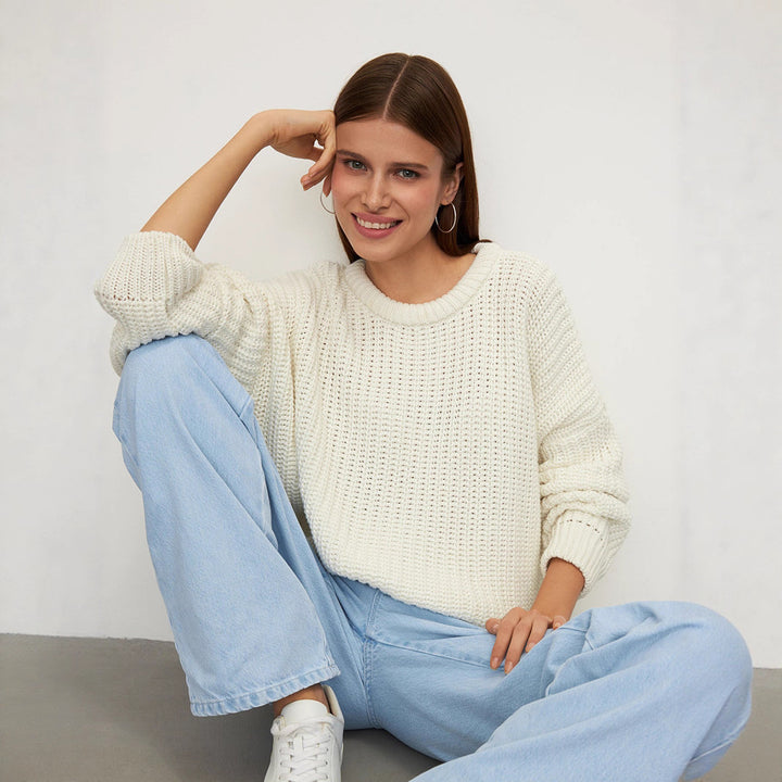 Damen Grobstrickpullover mit lässigem Schnitt und weitem Kragen Drune