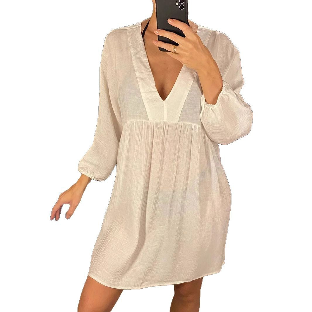 Damen luftiges Minikleid mit V-Ausschnitt und langen Ärmeln Drune