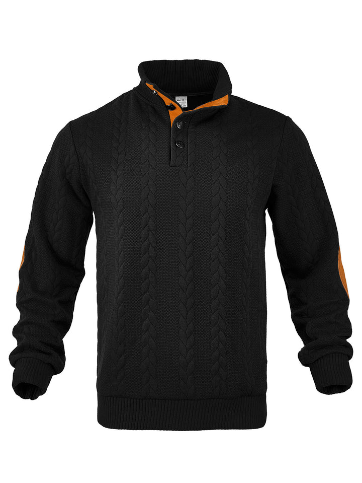 Herren nan Zopfmuster-Pullover mit Stehkragen, halber Knopfleiste und Ellbogenpatches Drune