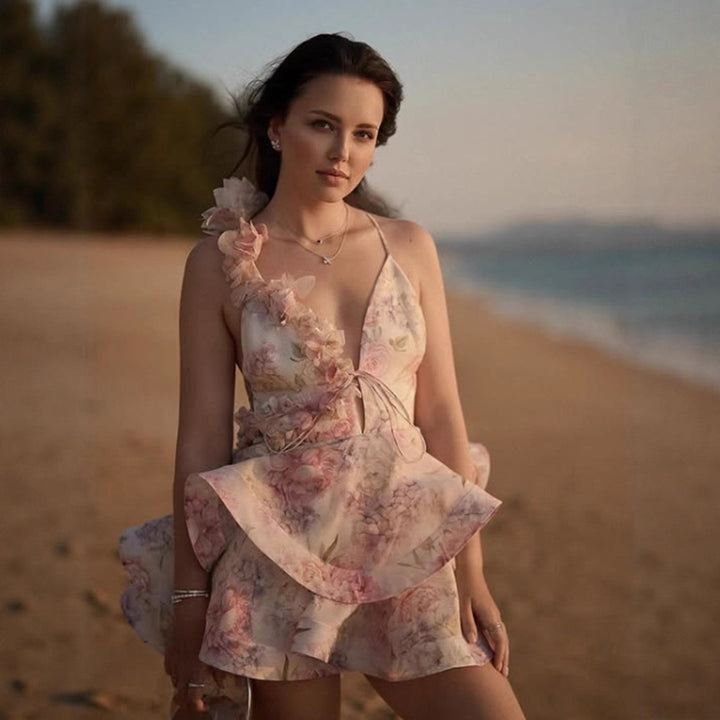Damen Rüschenkleid mit floralem Design und tiefem V-Ausschnitt Drune