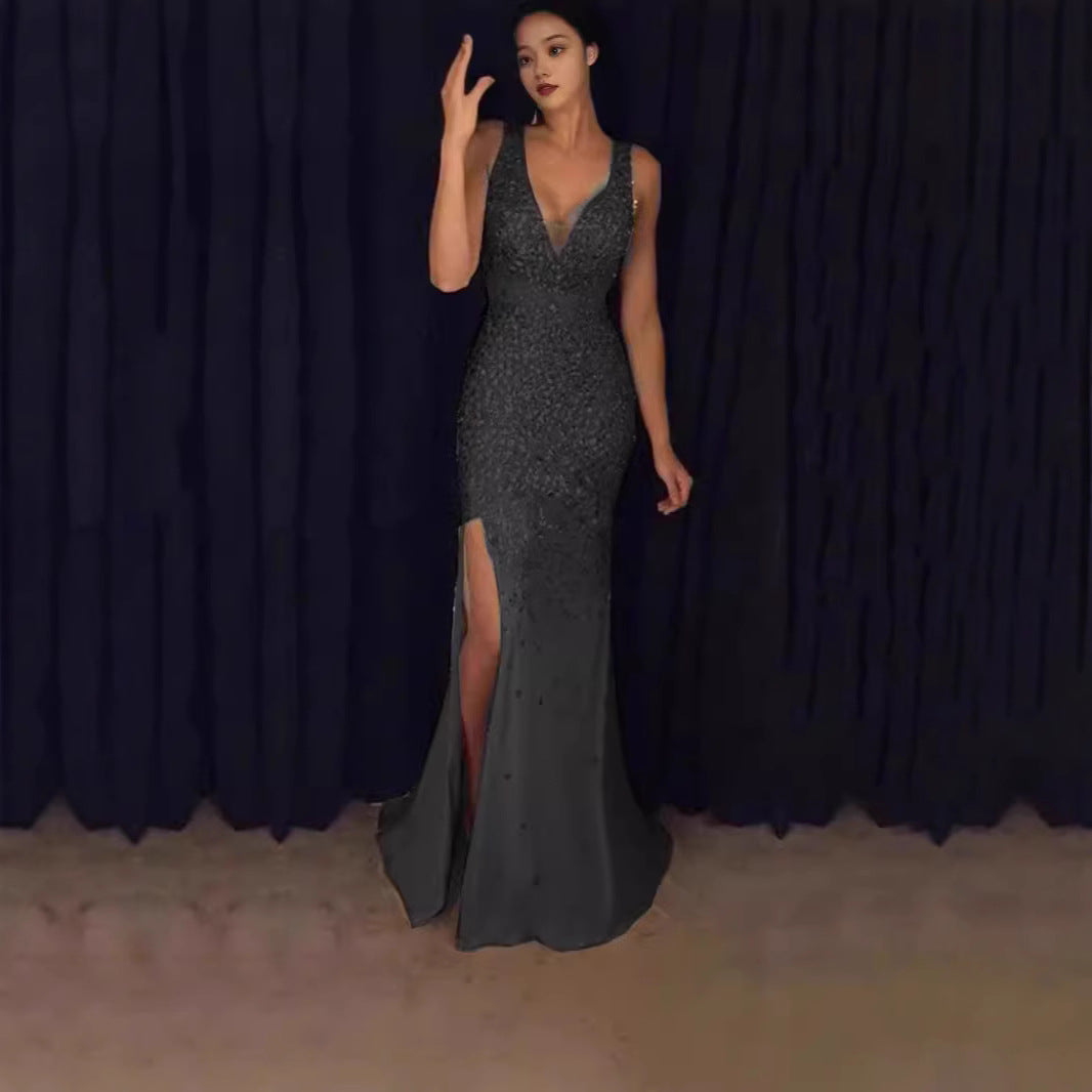 Damen Glitzerndes Abendkleid mit tiefem Ausschnitt und Schlitz Drune