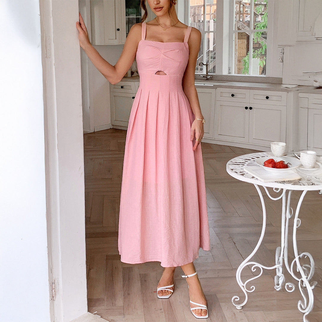 Damen Knielanges Leinenkleid mit ausgestelltem Rock und V-Ausschnitt Drune