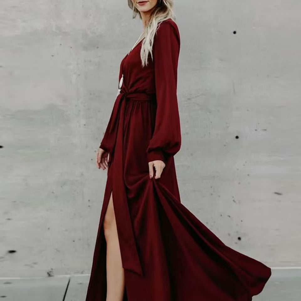 Damen Maxi-Kleid mit tiefem Schlitz und fließendem Stoff Drune