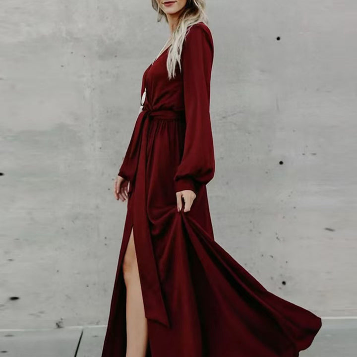 Damen Maxi-Kleid mit tiefem Schlitz und fließendem Stoff Drune