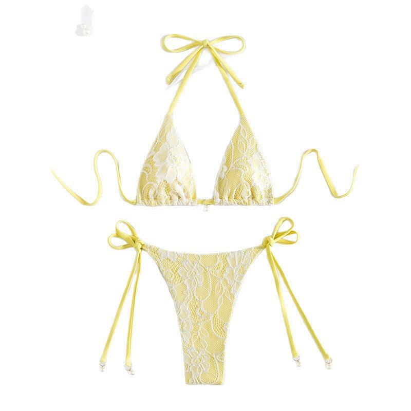 Damen Triangel-Bikini mit floraler Spitze und verspielten Bindebändern Drune