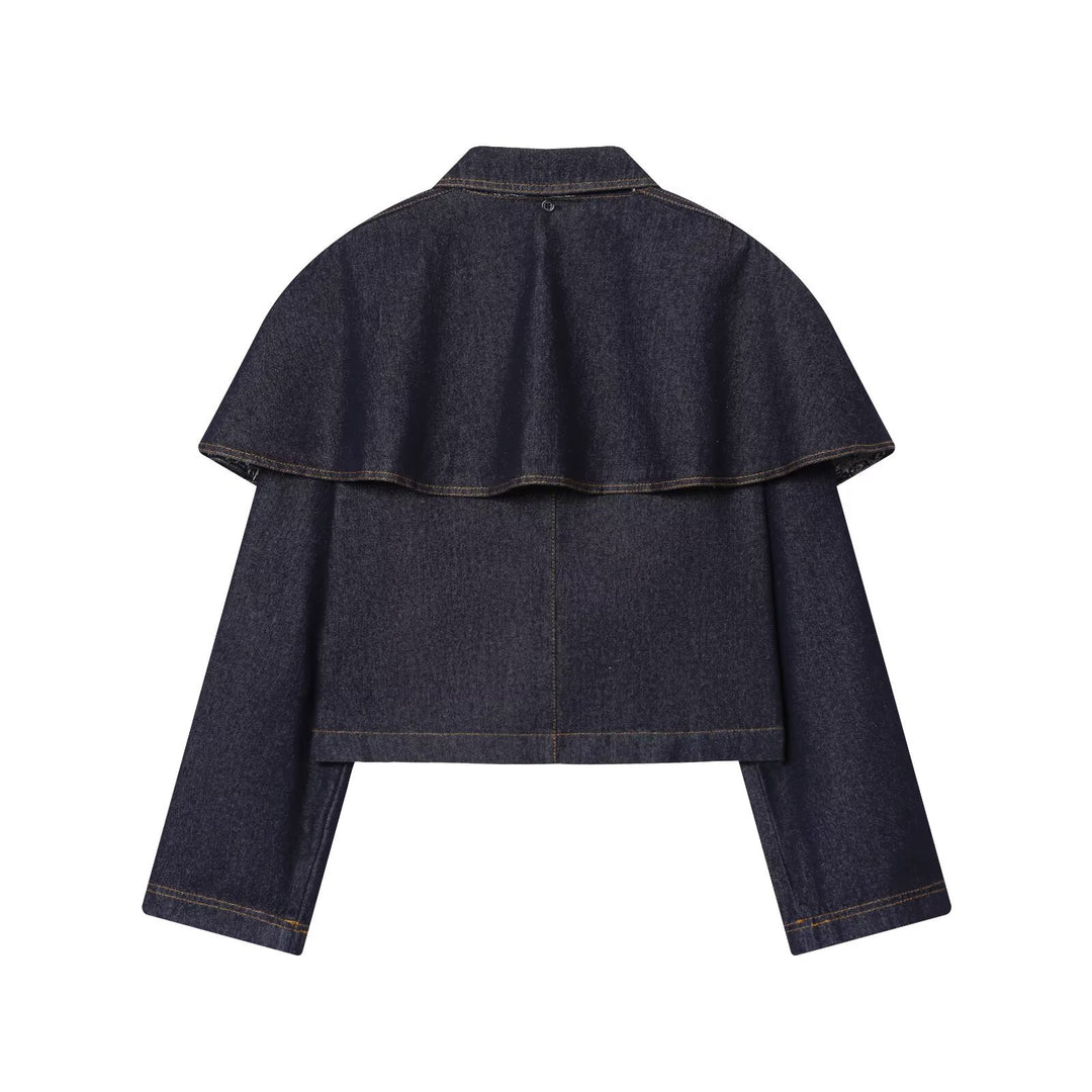 Damen nan cropped Jeansjacke mit Cape-Überwurf, Druckknopfverschluss und aufgesetzten Taschen Drune