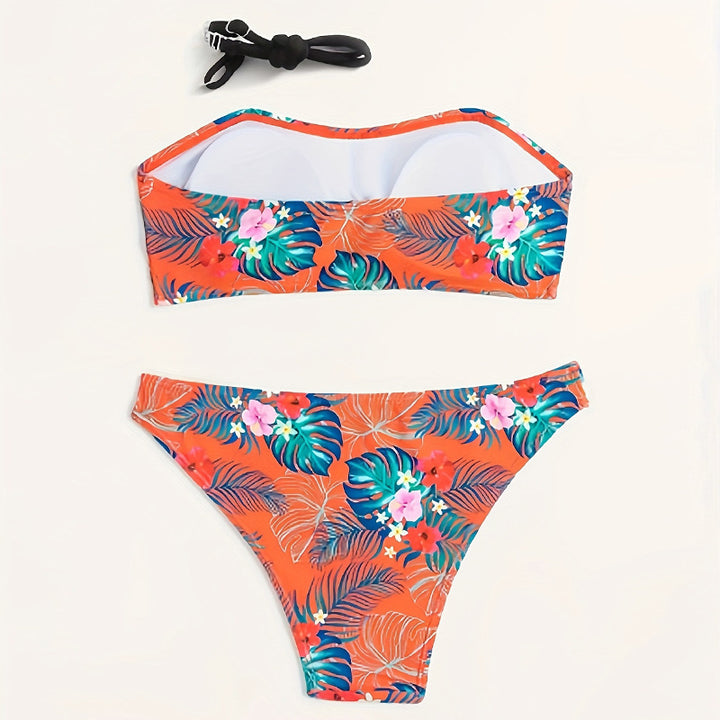 Damen Bandeau-Bikini-Set mit tropischem Druck und bequemen Trägern Drune