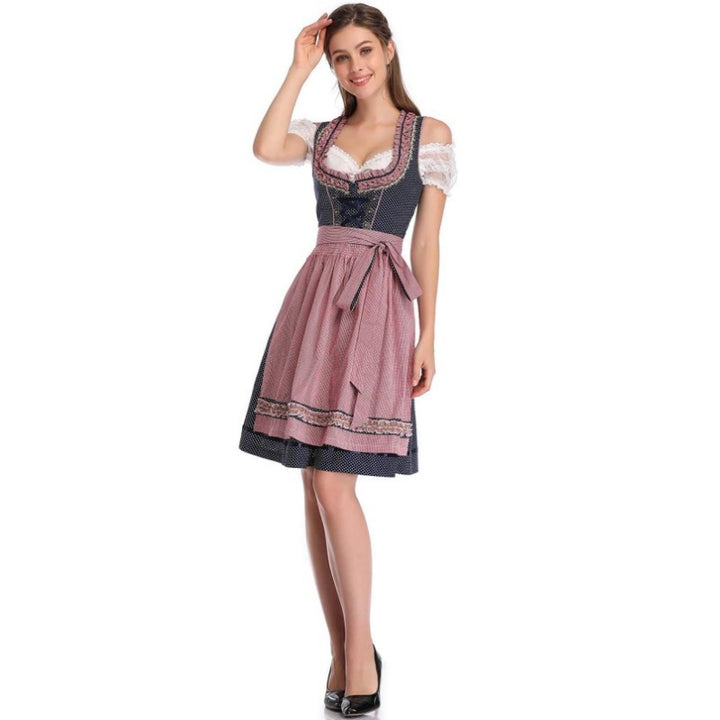 Damen nan traditionelles Dirndlkleid mit Herzausschnitt, korsettähnlicher Schnürung und kariertem Schürzenrock Drune