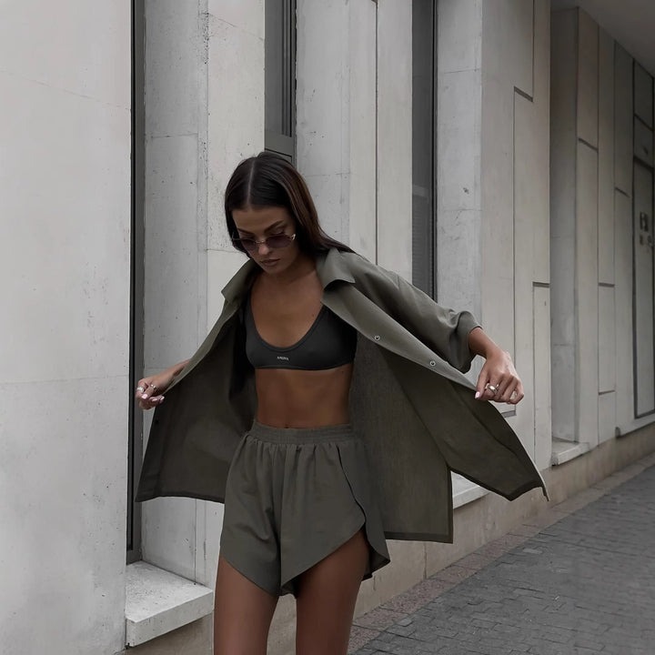 Damen lässiges Loungewear-Set mit leichtem Kimono-Oberteil und weichen Shorts Drune