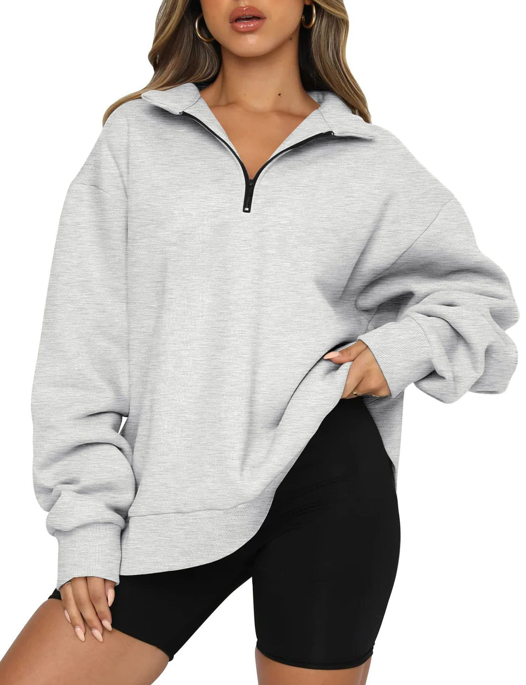 Damen lässiger Sweatpullover mit halbem Reißverschluss und überschnittenen Schultern Drune