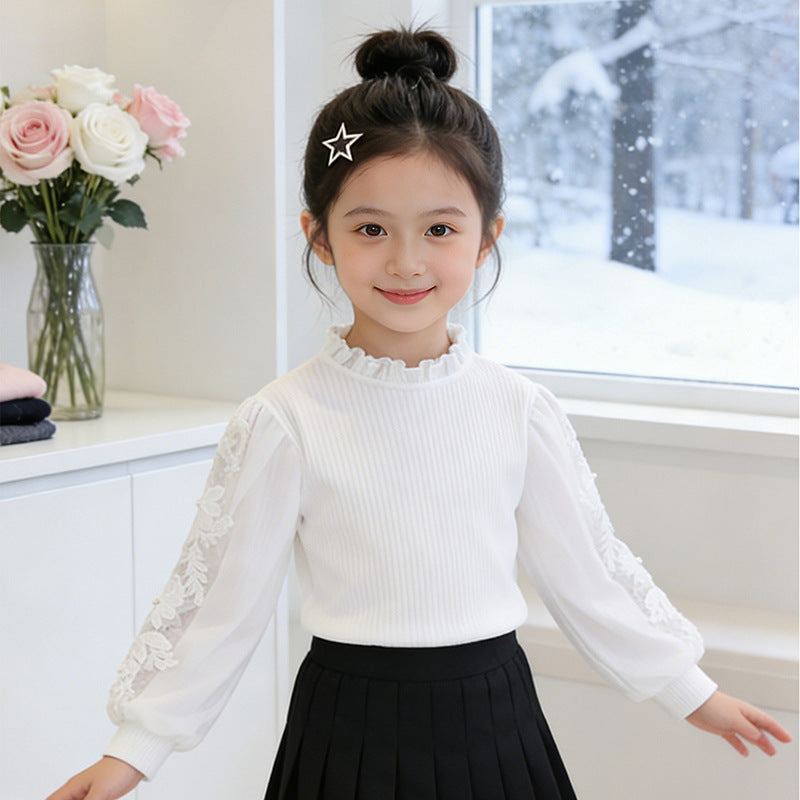 Mädchen elegante Bluse mit Rüschen und bestickten Ärmeln Drune