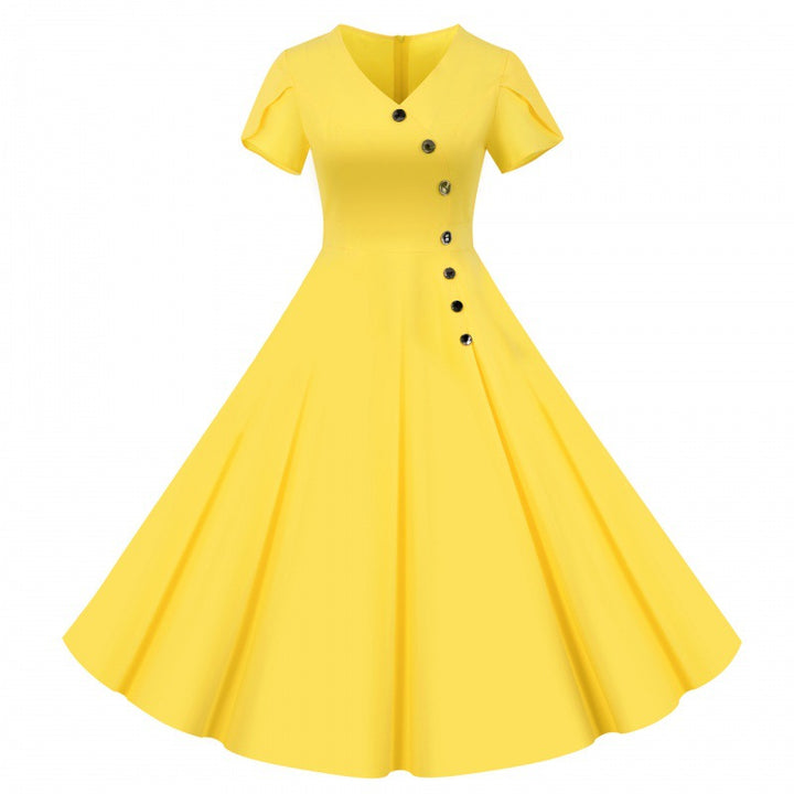 Damen Swingkleid mit knöpfbarem V-Ausschnitt und weit schwingendem Rock Drune