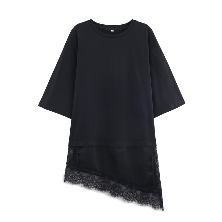 Damen asymmetrisches T-Shirt mit Spitzenbesatz Drune