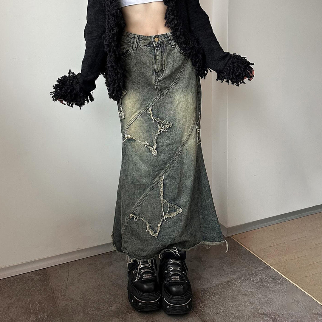 Damen nan vintage Denim-Maxirock mit ausgefransten Patches und diagonalen Ziernähten Drune