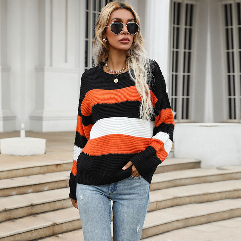 Damen gestreifter Strickpullover mit voluminösen Ärmeln und weitem Schnitt Drune