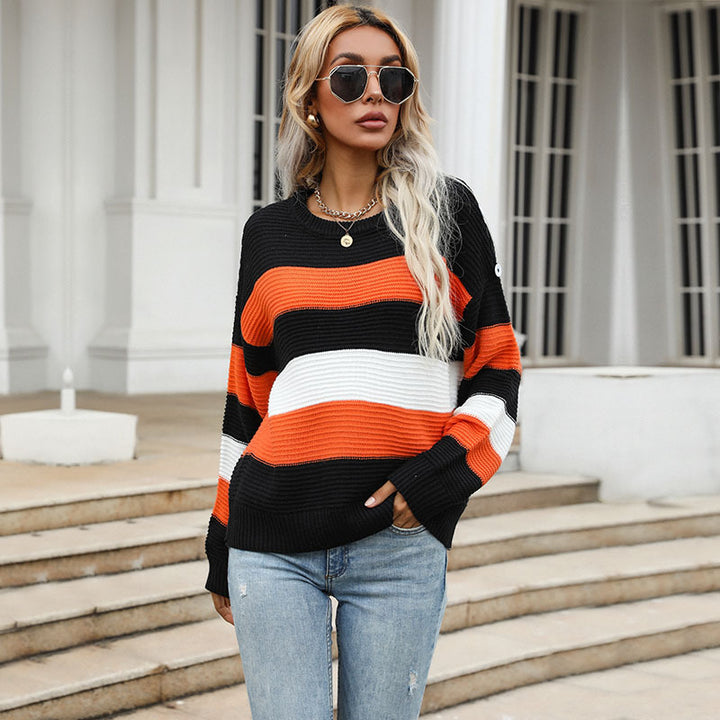 Damen gestreifter Strickpullover mit voluminösen Ärmeln und weitem Schnitt Drune
