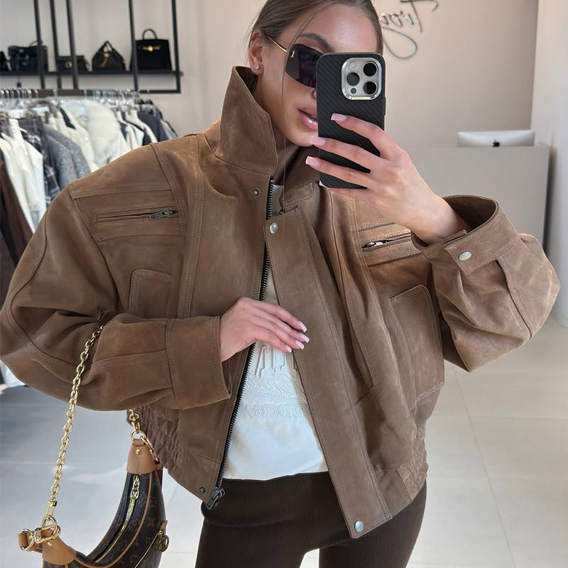 Damen Lässige Wildlederjacke mit abnehmbarer Kapuze Drune