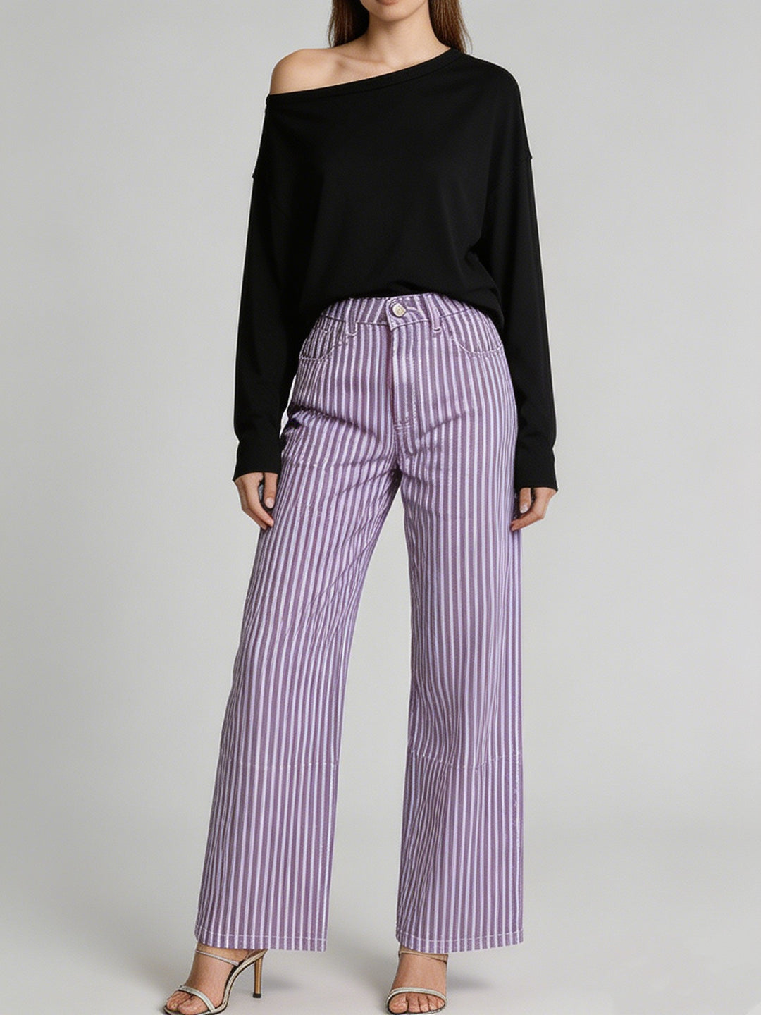 Damen nan weite High-Waist Palazzohose mit vertikalen Streifenoptik und abgesteppten Kniepartien Drune