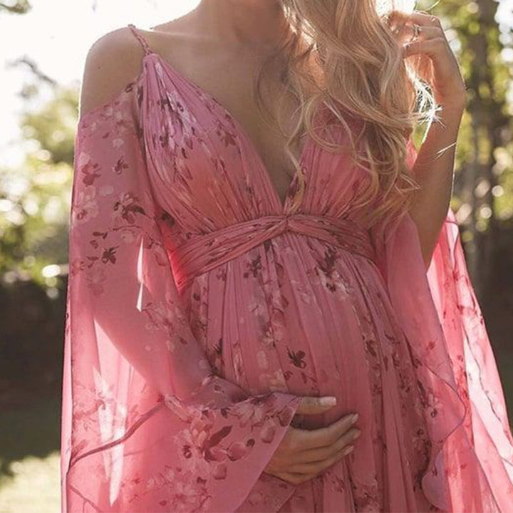 Damen Maxikleid mit eleganten Glockenärmeln und floralem Obermaterial Drune