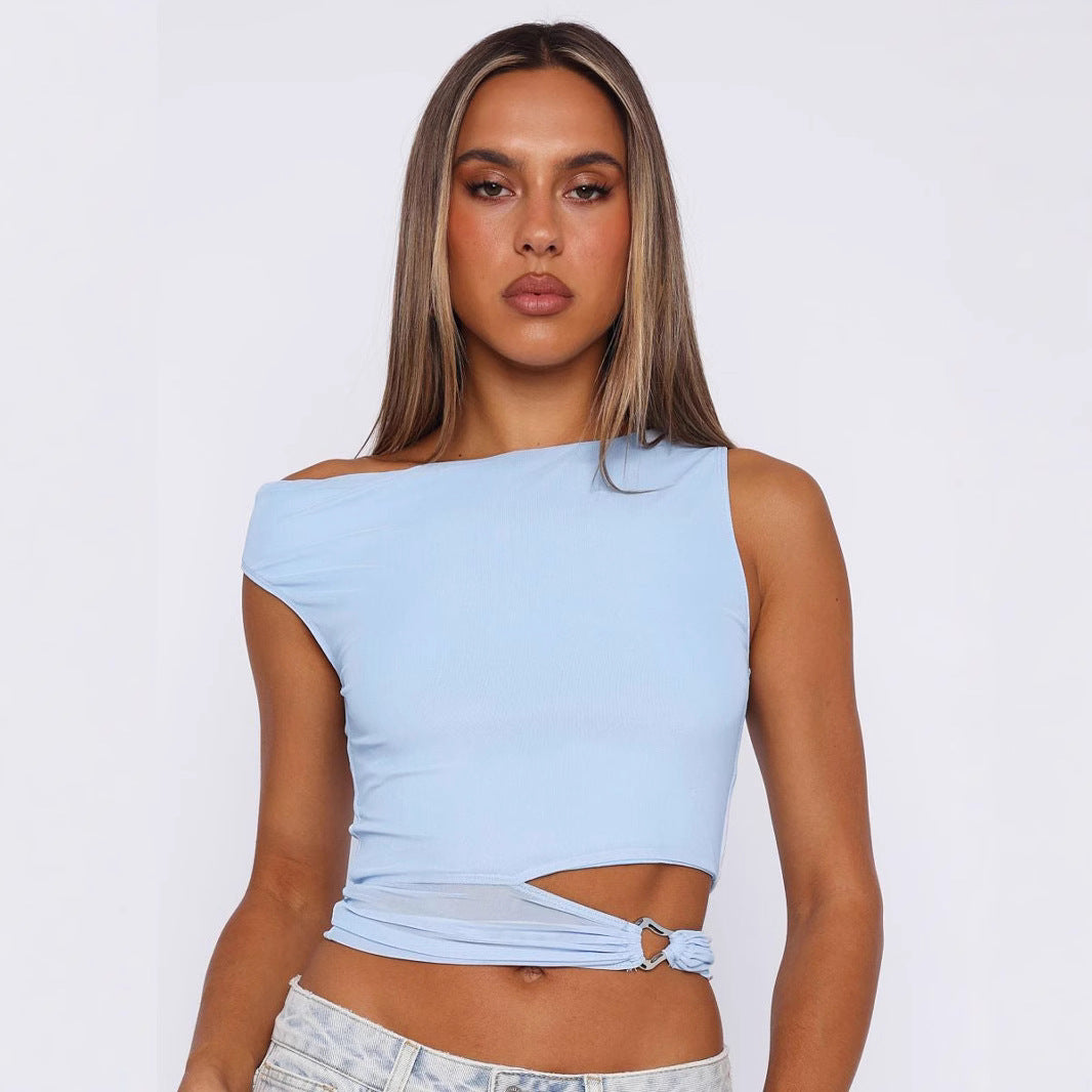Damen Crop-Top mit asymmetrischem Schnitt und dekorativem Ringdetail Drune