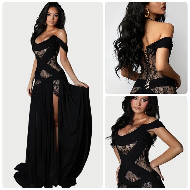 Damen Abendkleid mit transparenten Spitzeinsätzen und verführerischem Schnitt Drune