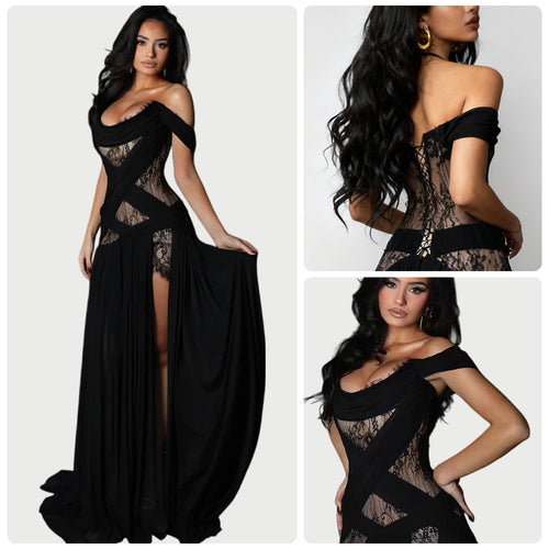 Damen Abendkleid mit transparenten Spitzeinsätzen und verführerischem Schnitt Drune