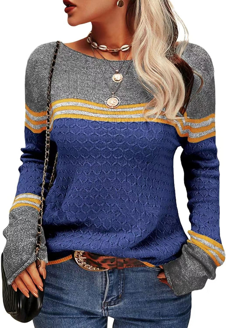Damen lässiger Strickpullover mit kontrastierenden Farbblöcken und einzigartiger Textur Drune