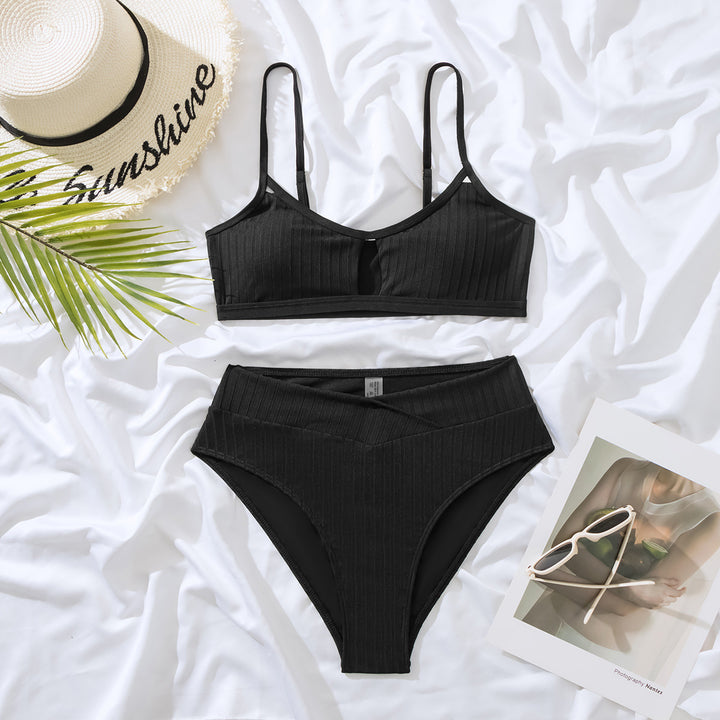 Damen Hochtaillierter Ripp-Bikini mit eleganter Schlüssel-Ausschnitt-Details Drune