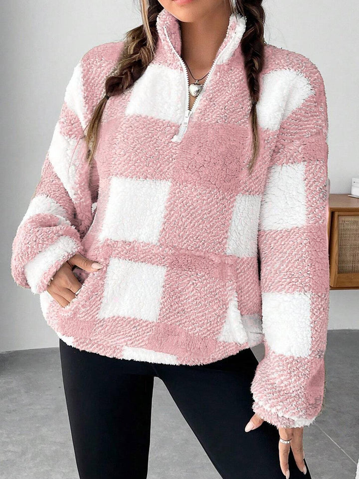 Damen nan kuscheliger Sherpa-Pullover mit Stehkragen, Half-Zip und Kängurutasche Drune
