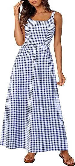 Damen Maxikleid im klassischen Karomuster mit verstellbaren Trägern und elastischem Bund Drune