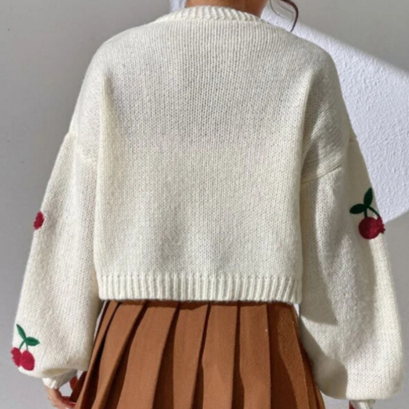 Damen Strickjacke mit floralem Kirschmotiv Drune