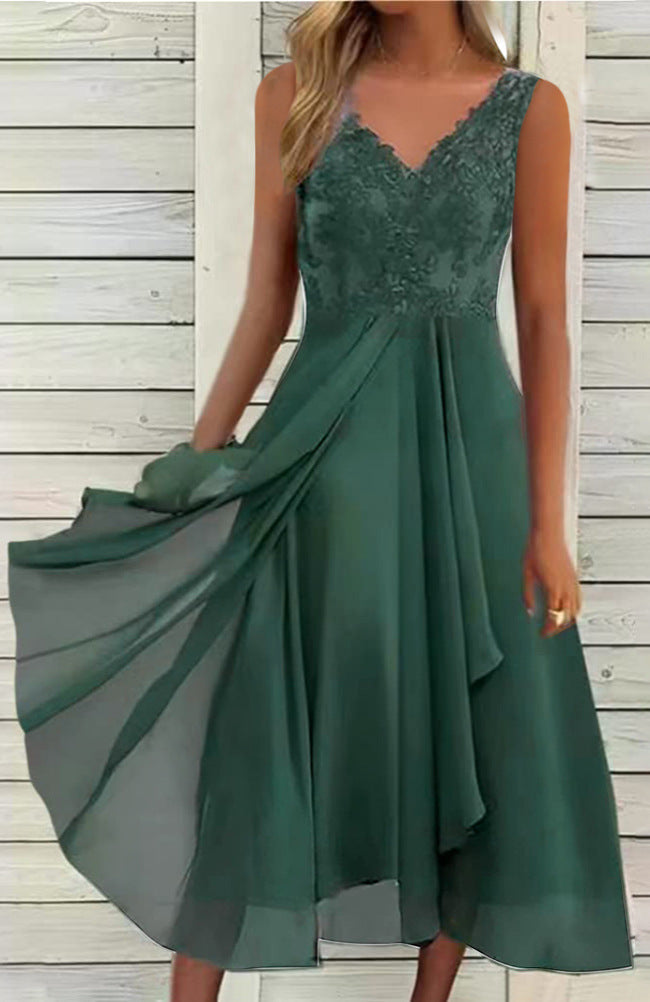 Damen nan elegantes Abend-Midikleid mit bestickter Spitzen-Büste, taillierter Drapierung und fließendem Lagenrock Drune