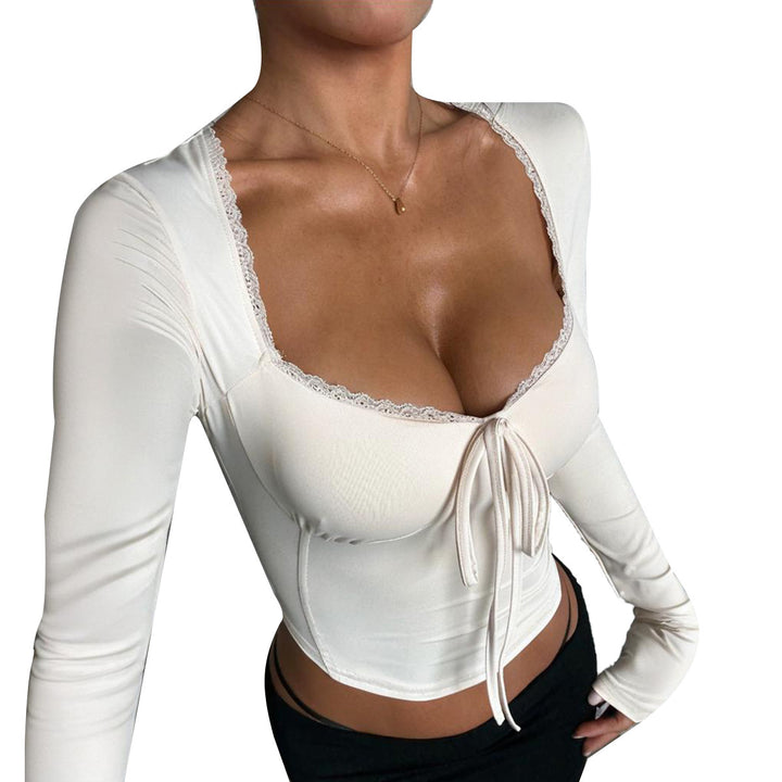 Damen langärmliges Crop-Top mit raffinierten Bindeband und elegantem Ausschnitt Drune