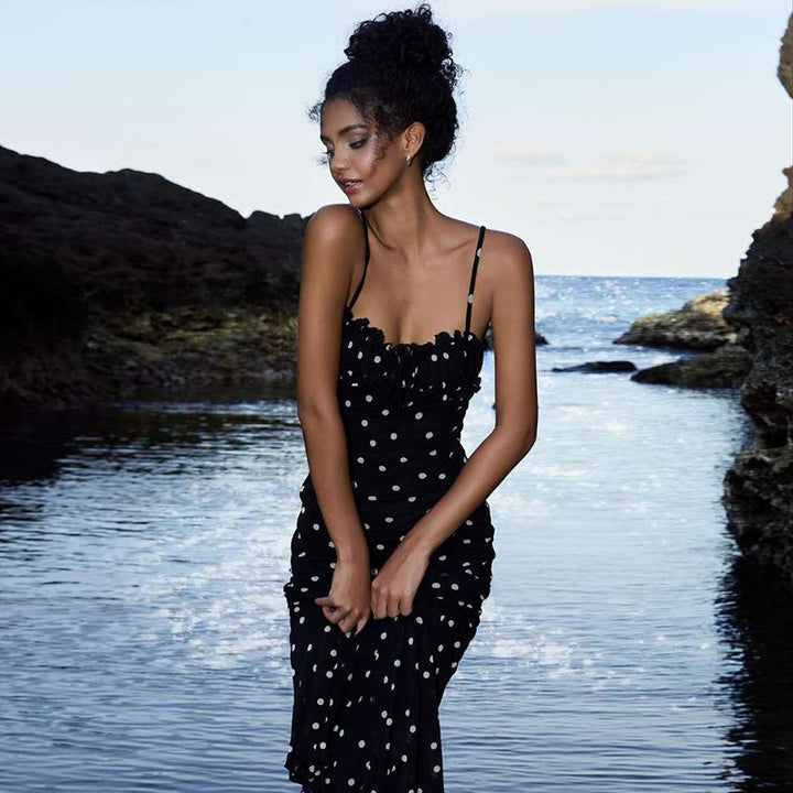 Damen Figurformendes Maxikleid mit elastischen Trägern und raffiniertem Punkte-Design Drune