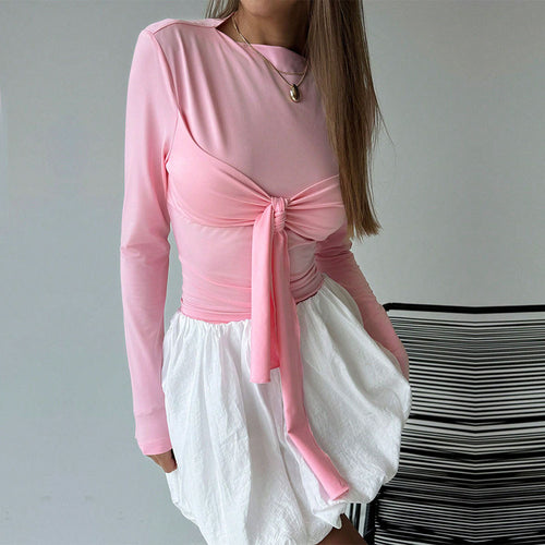 Damen Langarmtop mit verspieltem Knoten-Design und figurbetonender Silhouette Drune