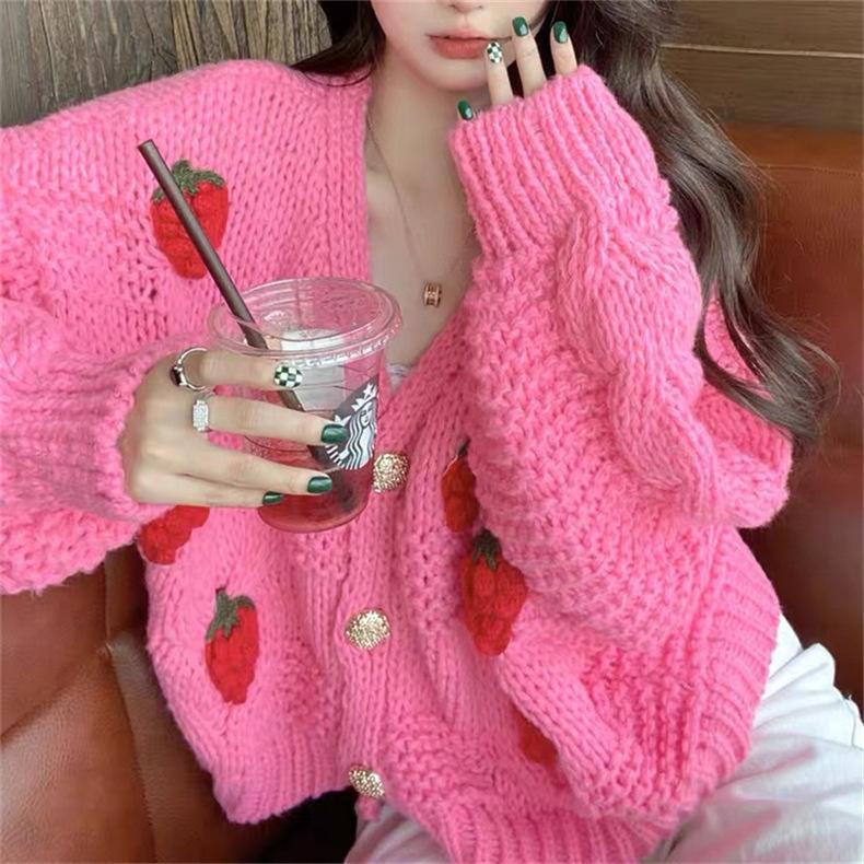 Damen Grober Strickcardigan mit Blumenstickerei und funkelnden Knöpfen Drune