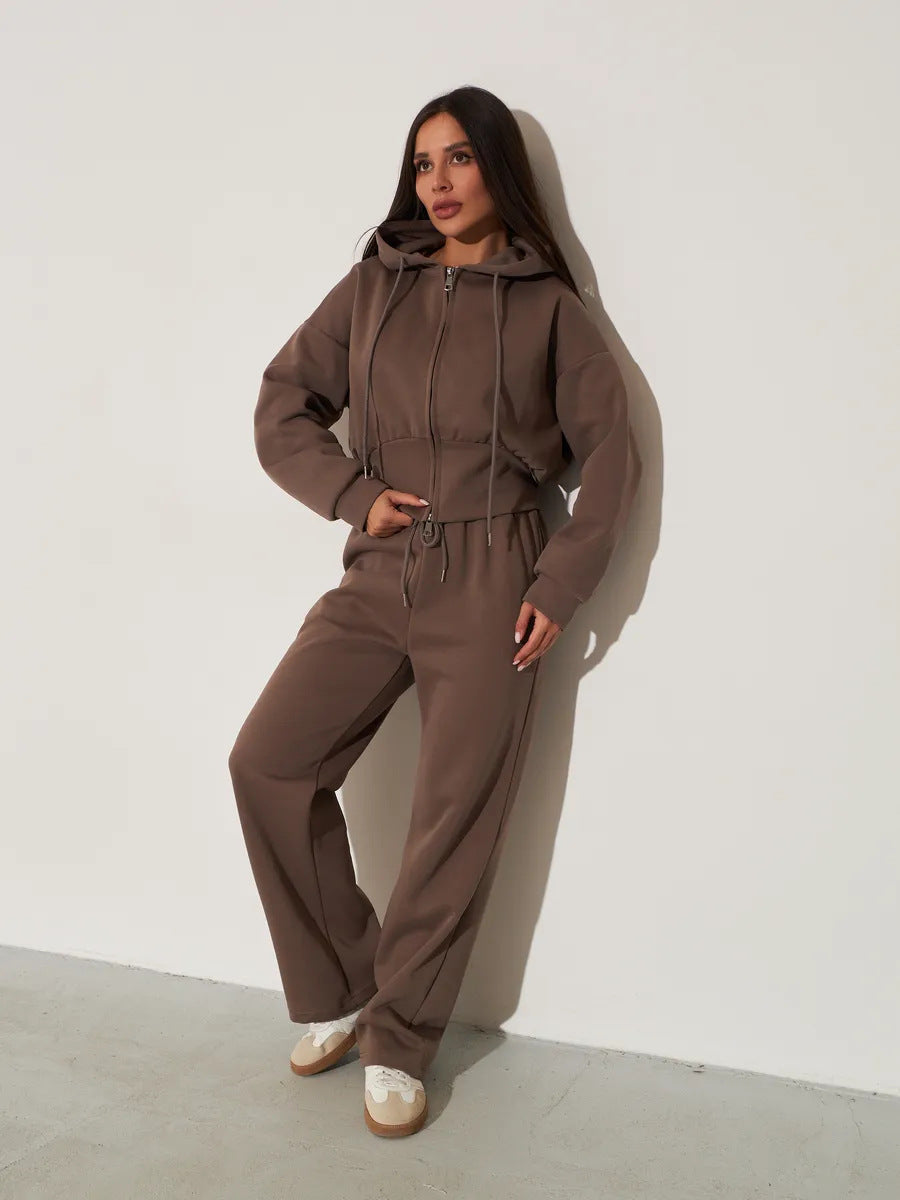 Damen lässiges Kapuzenoberteil und weite Sweatpants-Set mit hohem Bund und Reißverschluss Drune